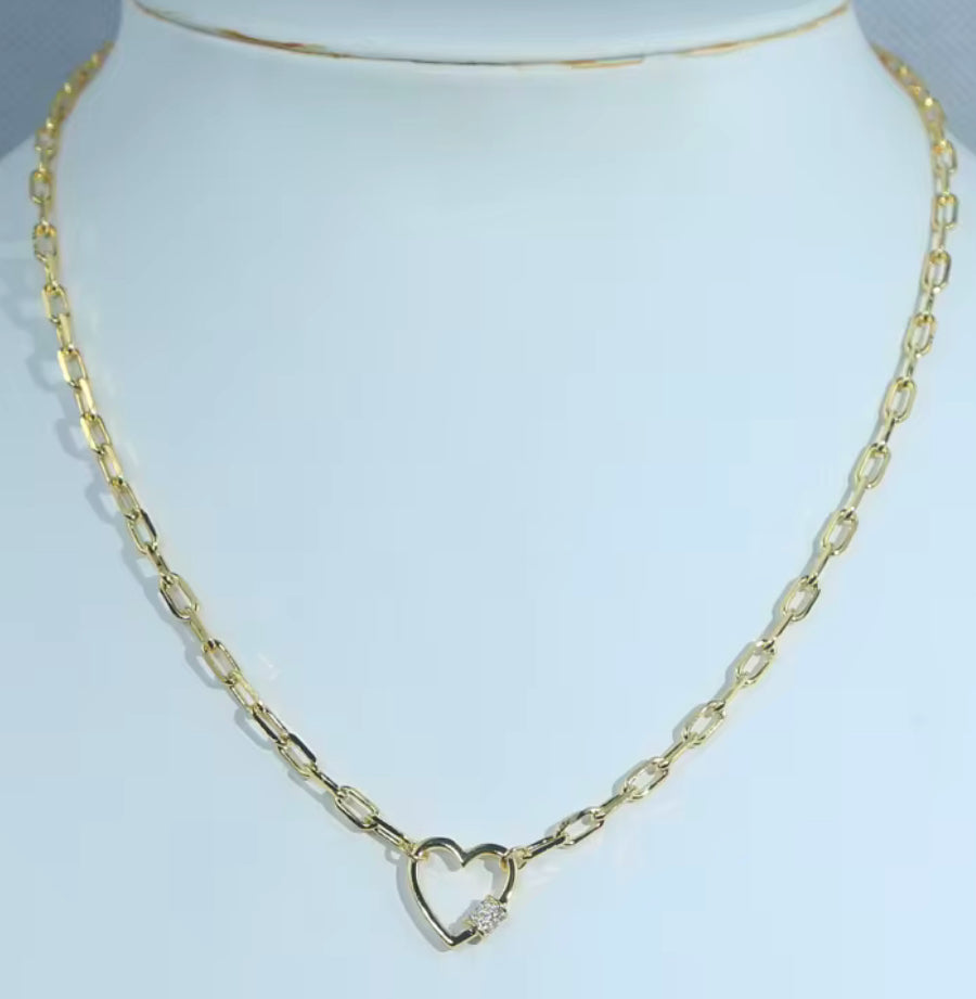 Heart pendant paper clip chain link necklace
