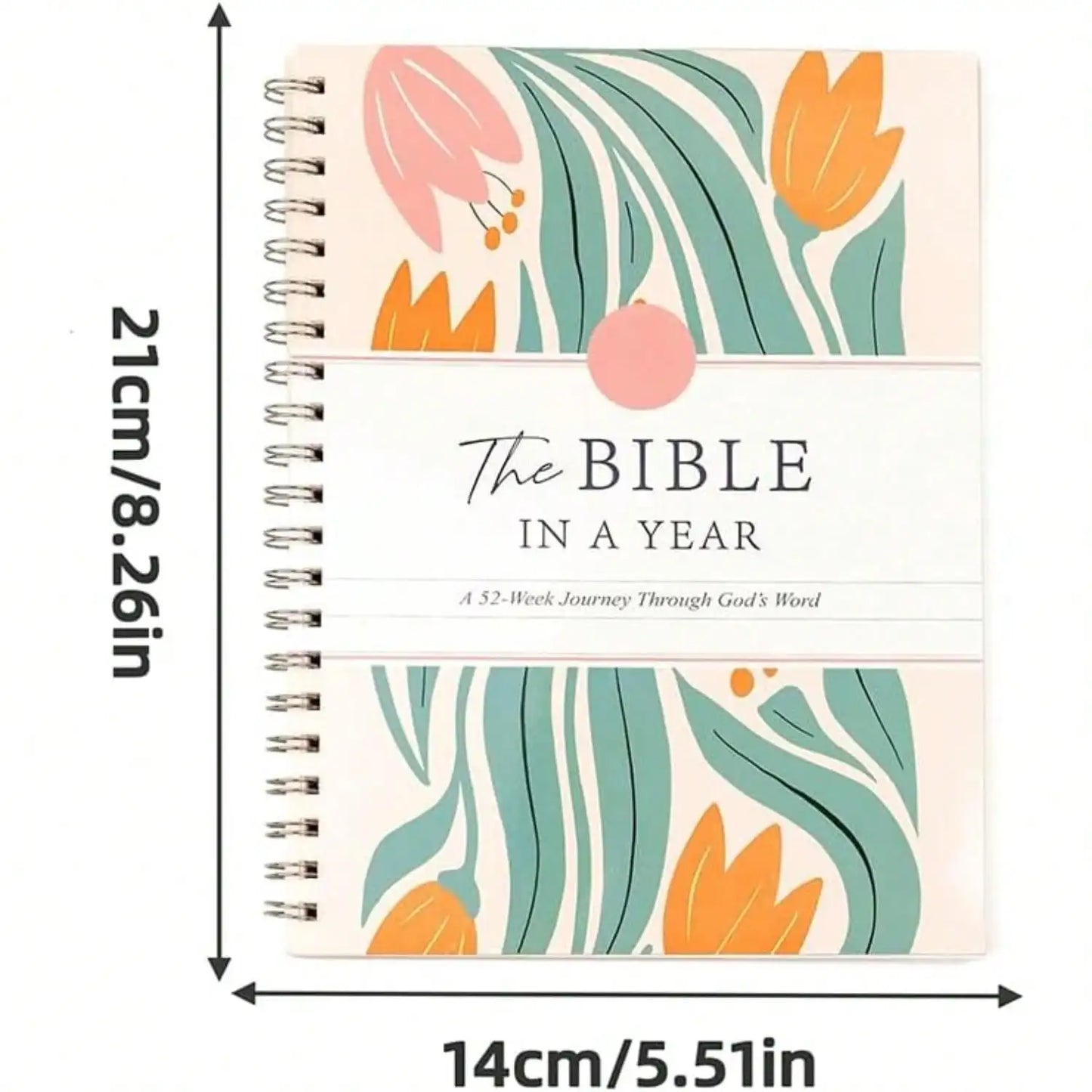 Spiral-bound book titled 'The Bible in a Year' with floral design and dimensions displayed.