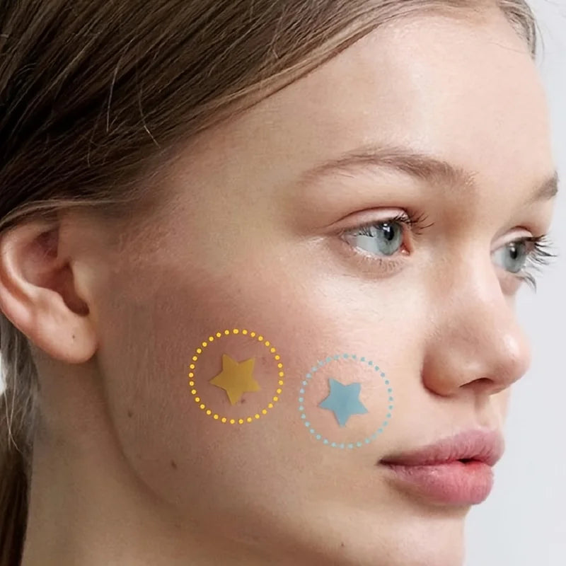 Close-up of a woman's face with star-shaped icons overlaid on her skin.