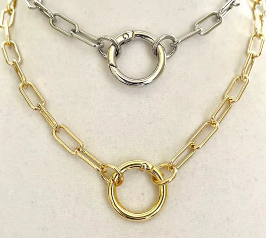 Gold or Silver Plated Paperclip Chain Necklace  with Round Push Clasp