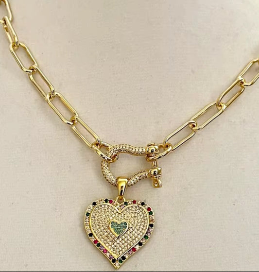 Multi Color Micro CZ
Paved Heart Pendant Shackle Clasp Necklace