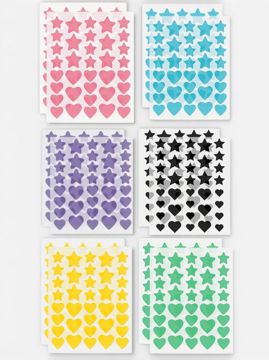 Set of six sheets with star and heart shapes in various colors on a white background