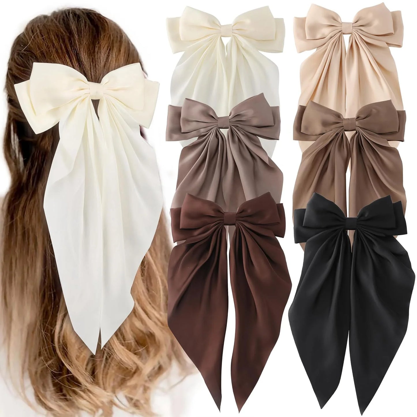 Set of large bow hair accessories in various colors on a white background.