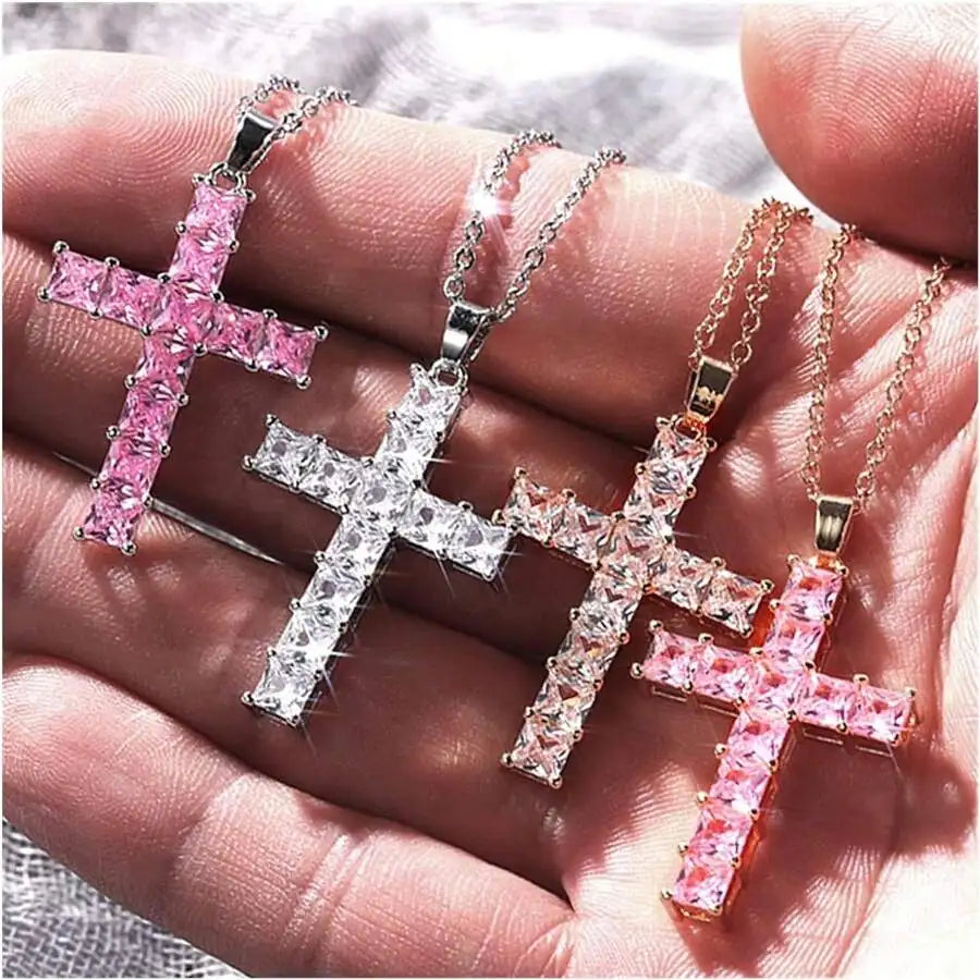 Gold Multicolor Crystal Cross Pendant Necklace