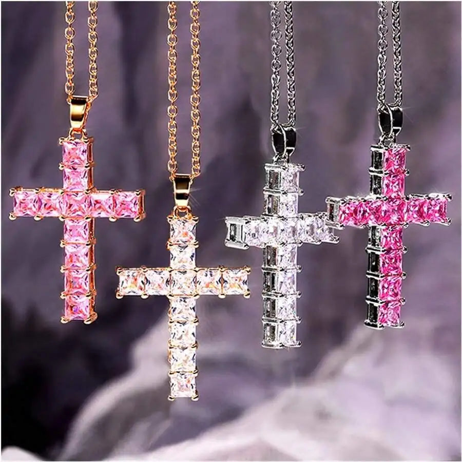 Gold Multicolor Crystal Cross Pendant Necklace