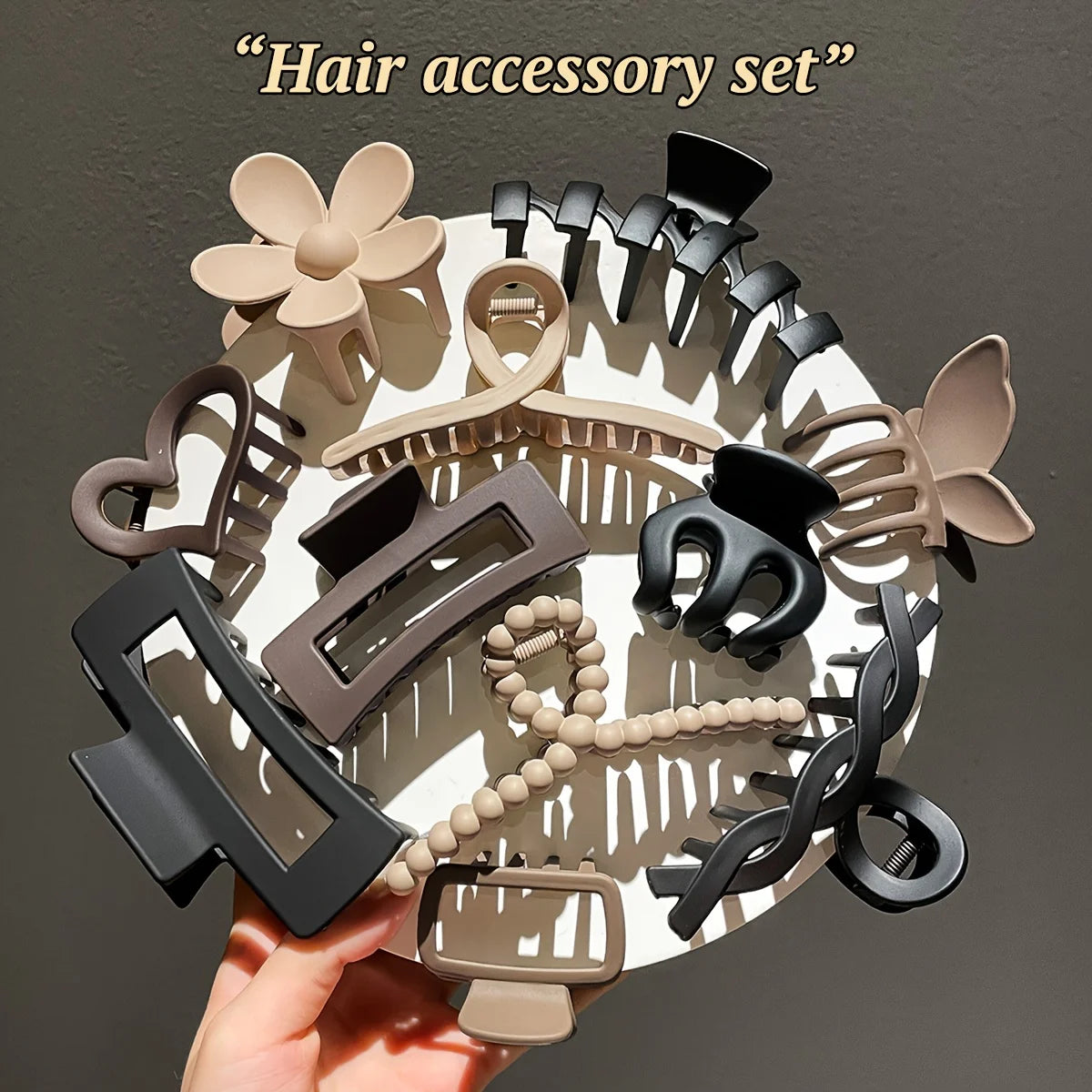 Set of hair accessories including clips and pins on a dark background with text 'Hair accessory set'.