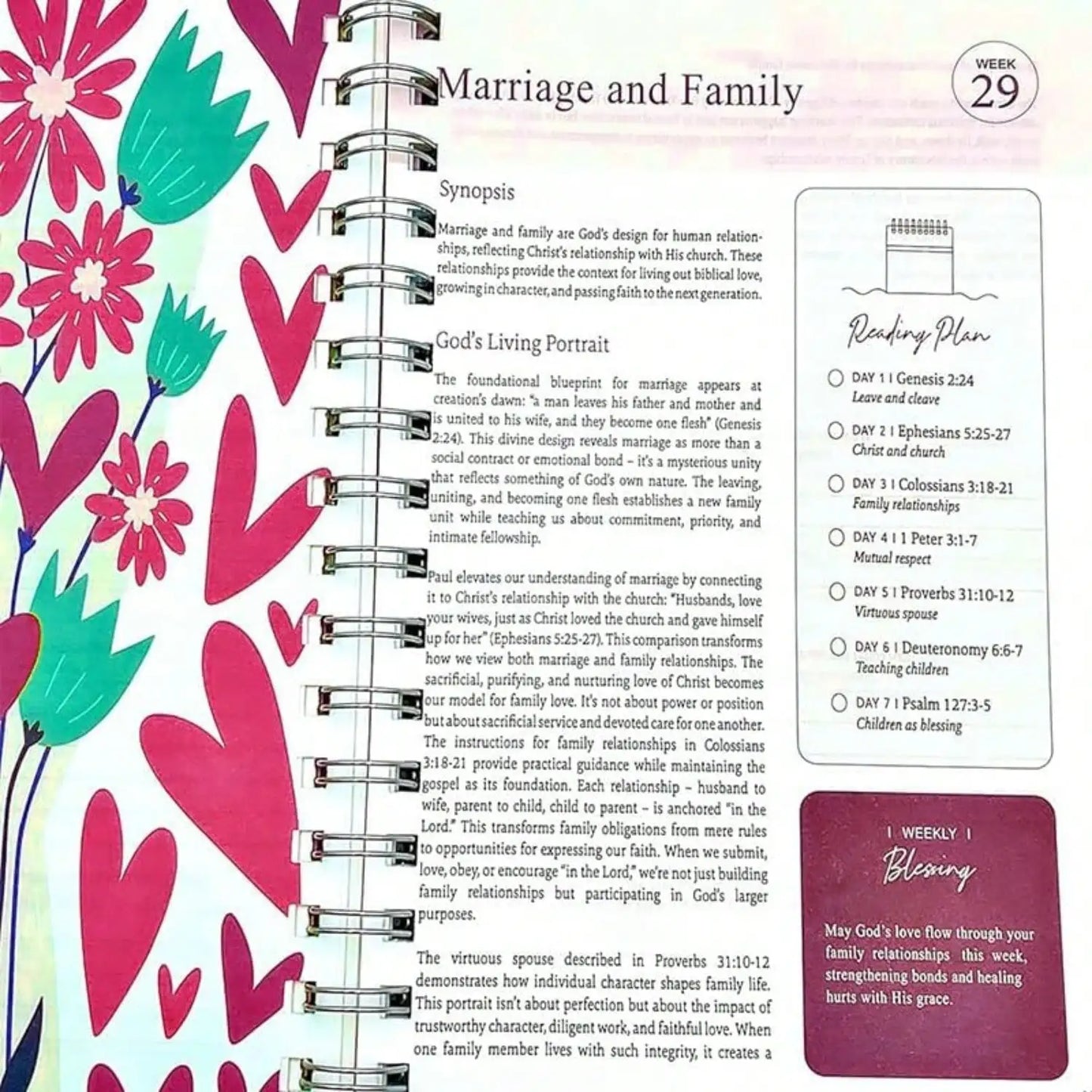 Open book with colorful floral design on the left page and text on the right page.