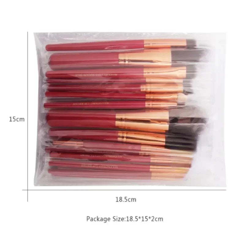 Set of makeup brushes in a clear plastic bag with dimensions indicated.