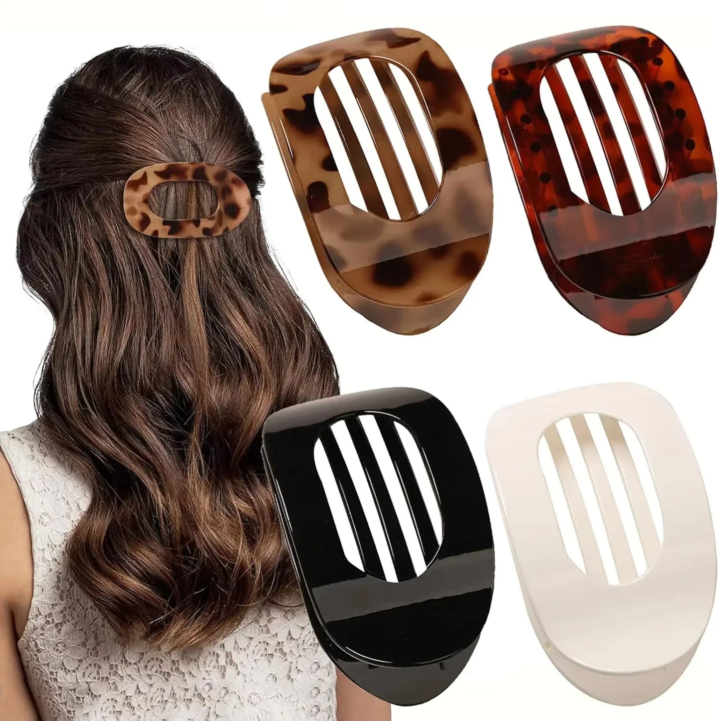Set of tortoiseshell and black hair clips with a woman wearing one in her hair.
