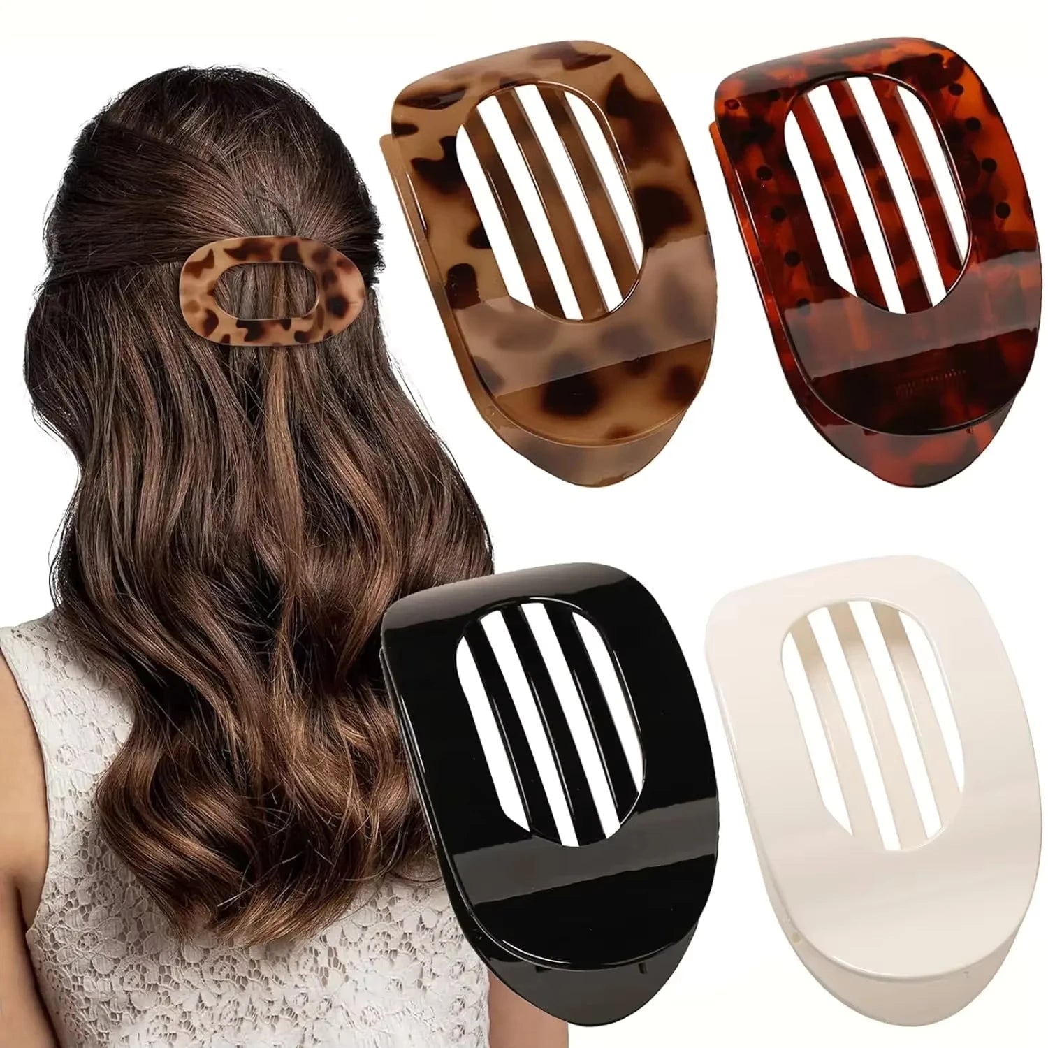 Set of tortoiseshell and black hair clips with a woman wearing one in her hair.