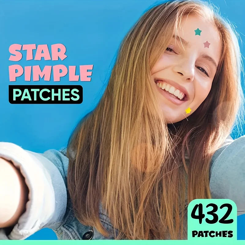 Girl with star-shaped pimple patches on a blue background, promoting 'Star Pimple Patches'.