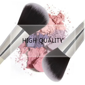 Makeup brush with colorful powder and 'HIGH QUALITY' text on a white background
