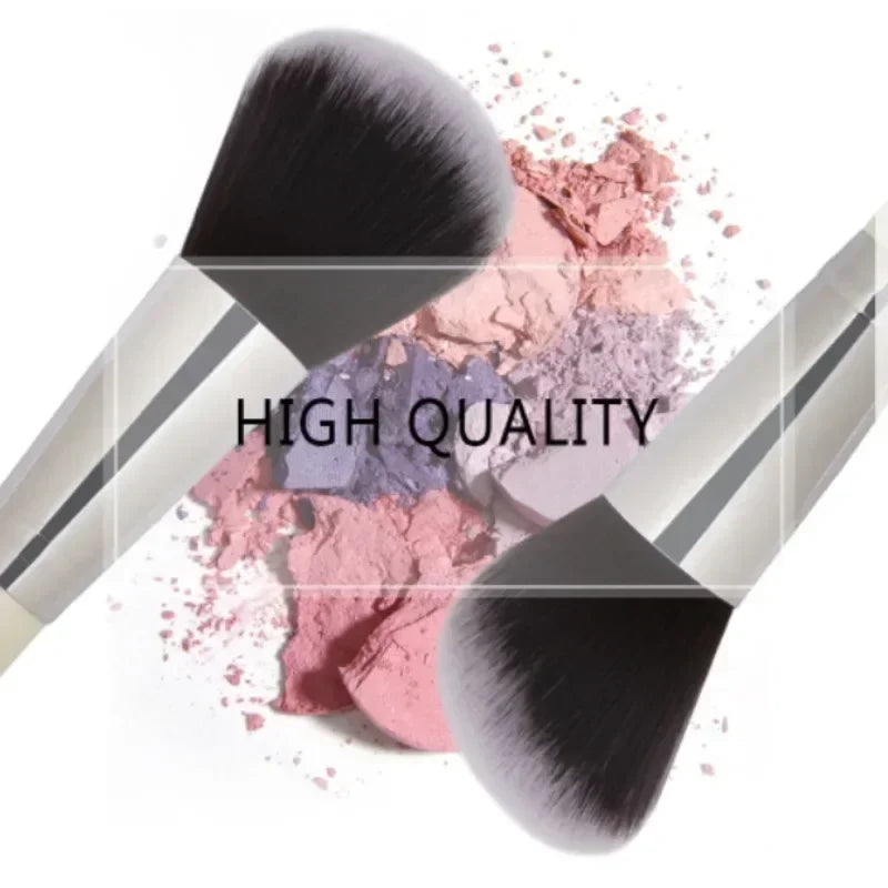 Makeup brush with colorful powder and 'HIGH QUALITY' text on a white background